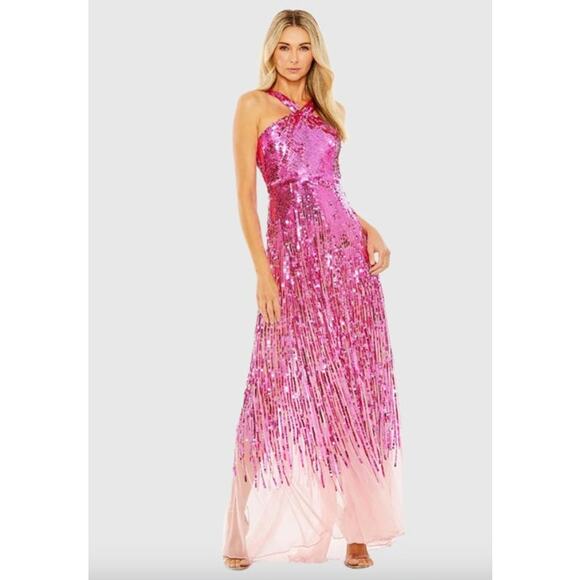 MAC DUGGAL Dress Size 4 Evening Gown Sequin Pink Cross Front Mesh NEW - Picture 1 of 9